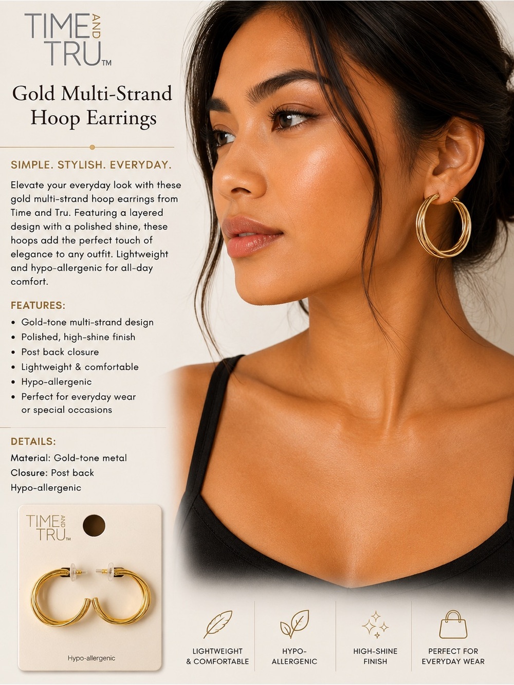 Time and Tru Polished Gold Multi-Strand Hoop Earrings